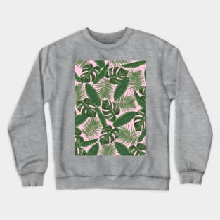 Tropical Green Leaves Pattern on Pink Crewneck Sweatshirt